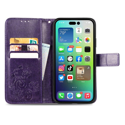 For iPhone 15 Pro Four-leaf Clasp Embossed Buckle Leather Phone Case(Purple) - iPhone 15 Pro Cases by buy2fix | Online Shopping UK | buy2fix