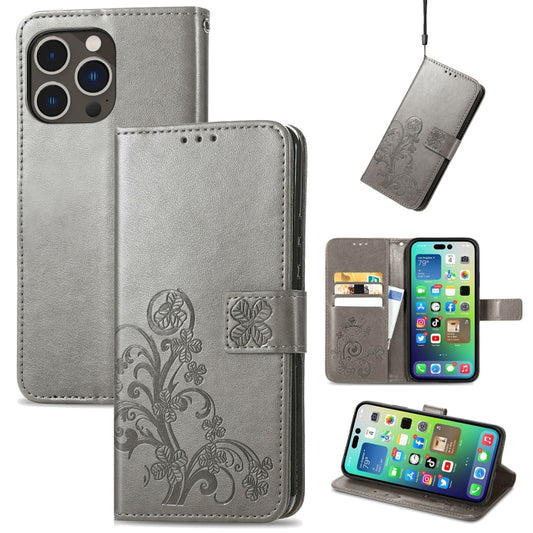 For iPhone 15 Pro Max Four-leaf Clasp Embossed Buckle Leather Phone Case(Gray) - iPhone 15 Pro Max Cases by buy2fix | Online Shopping UK | buy2fix