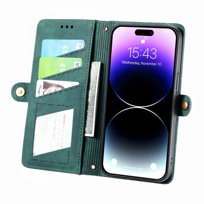 For iPhone 14 Pro Geometric Zipper Wallet Side Buckle Leather Phone Case(Green) - iPhone 14 Pro Cases by buy2fix | Online Shopping UK | buy2fix