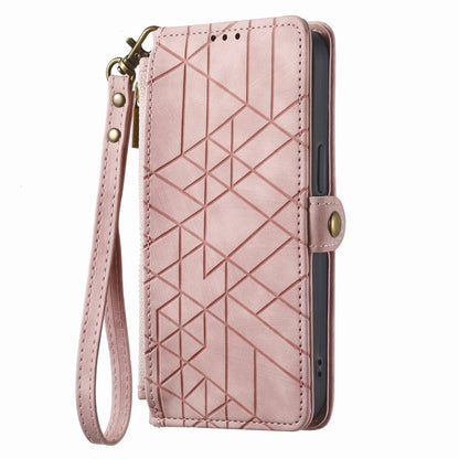 For iPhone 14 Plus Geometric Zipper Wallet Side Buckle Leather Phone Case(Pink) - iPhone 14 Plus Cases by buy2fix | Online Shopping UK | buy2fix