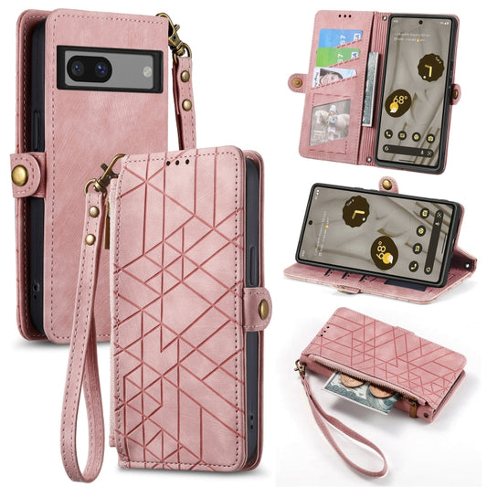 For Google Pixel 7 Pro Geometric Zipper Wallet Side Buckle Leather Phone Case(Pink) - Google Cases by buy2fix | Online Shopping UK | buy2fix