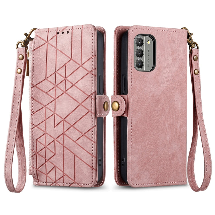 For Nokia G400 Geometric Zipper Wallet Side Buckle Leather Phone Case(Pink) - Nokia Cases by buy2fix | Online Shopping UK | buy2fix
