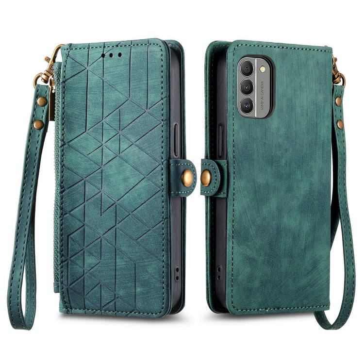For Nokia C32 Geometric Zipper Wallet Side Buckle Leather Phone Case(Green) - Nokia Cases by buy2fix | Online Shopping UK | buy2fix