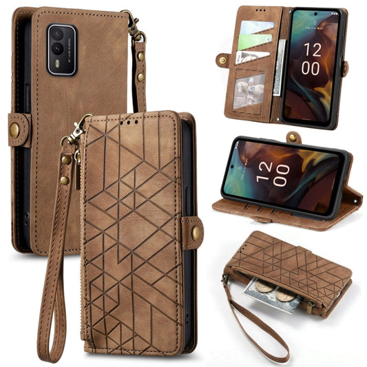 For Nokia XR21 Geometric Zipper Wallet Side Buckle Leather Phone Case(Brown) - Nokia Cases by buy2fix | Online Shopping UK | buy2fix