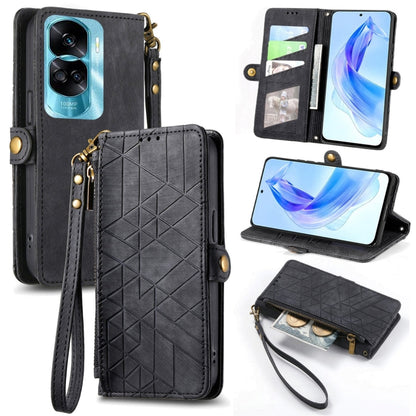 For Honor 90 Lite / X50i Geometric Zipper Wallet Side Buckle Leather Phone Case(Black) - Honor Cases by buy2fix | Online Shopping UK | buy2fix