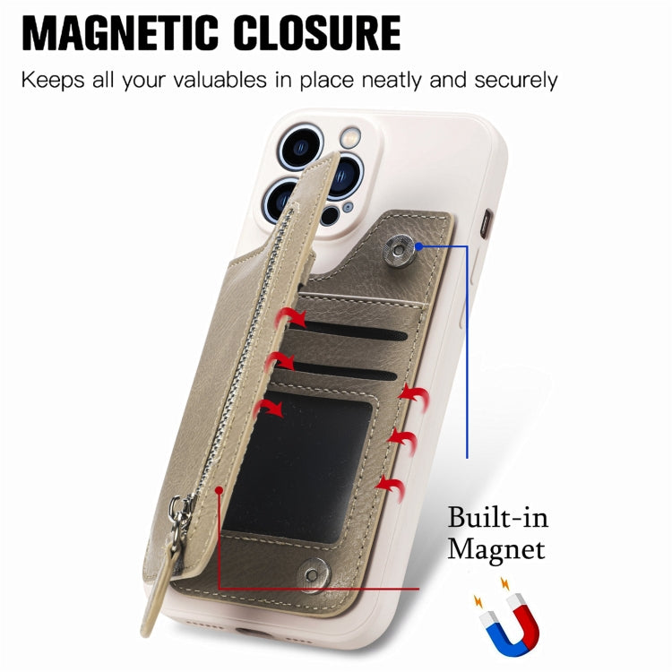 For iPhone 15 Pro Max Zipper Wallet Leather Back Shockproof Phone Case(Khaki) - iPhone 15 Pro Max Cases by buy2fix | Online Shopping UK | buy2fix