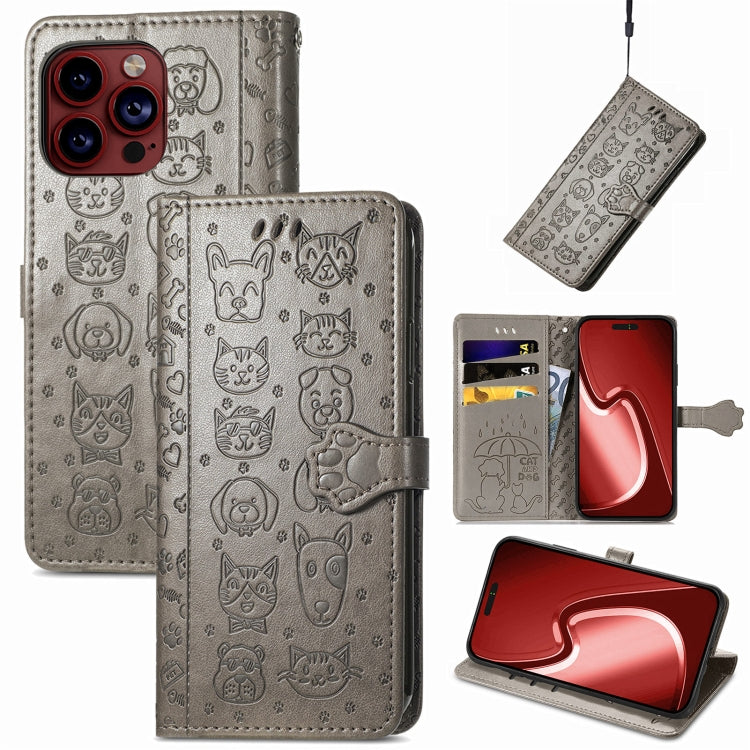 For iPhone 15 Pro Max Cat and Dog Embossed Leather Phone Case(Gray) - iPhone 15 Pro Max Cases by buy2fix | Online Shopping UK | buy2fix