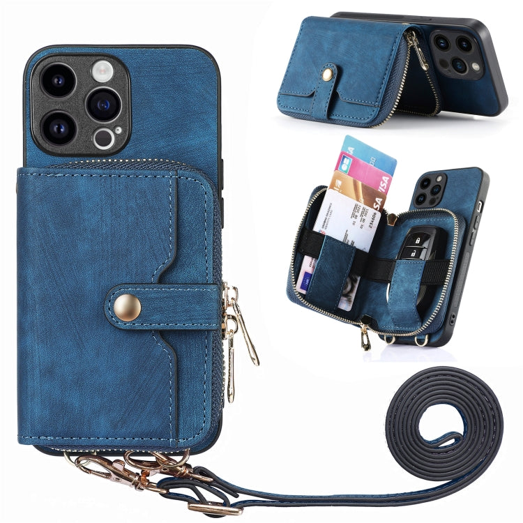 For iPhone 15 Pro Max Crossbody Multi-function Zipper Wallet Phone Case(Blue) - iPhone 15 Pro Max Cases by buy2fix | Online Shopping UK | buy2fix