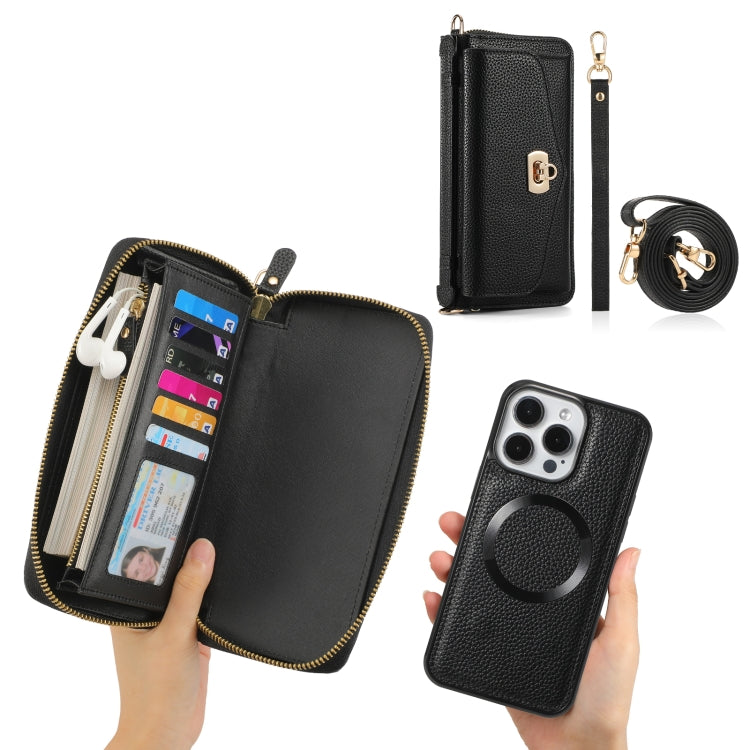 For iPhone 15 Plus MagSafe Crossbody Multi-functional Zipper Wallet Litchi Leather Phone Case(Black) - iPhone 15 Plus Cases by buy2fix | Online Shopping UK | buy2fix