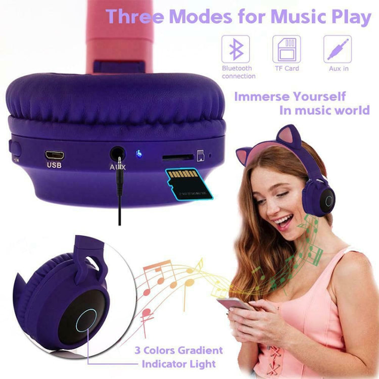 BT028C Cute Cat Ear Bluetooth 5.0 Headphones Foldable On-Ear Stereo Wireless Headset Headphone with Mic / LED Light / FM Radio / TF Card(Purple) - Headset & Headphone by buy2fix | Online Shopping UK | buy2fix