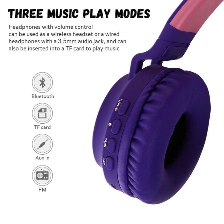 BT028C Cute Cat Ear Bluetooth 5.0 Headphones Foldable On-Ear Stereo Wireless Headset Headphone with Mic / LED Light / FM Radio / TF Card(Purple) - Headset & Headphone by buy2fix | Online Shopping UK | buy2fix