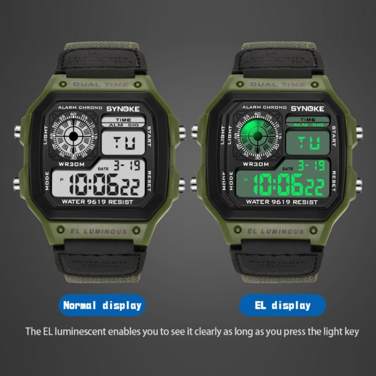 SYNOKE 9619B Nylon Canvas Strap Luminous Waterproof Digital Watch(Green Head Green Belt) - Outdoor & Sports by SYNOKE | Online Shopping UK | buy2fix