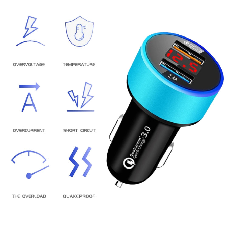 2 PCS Aluminum Ring Display Car Charger  QC3.0+2.4A Aluminum Alloy Multi-function Halo Digital Display Car Charger(Sapphire Blue) - In Car by buy2fix | Online Shopping UK | buy2fix