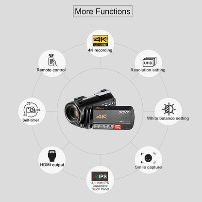 ORDRO AC5 4K HD Night Vision WiFi 12X Optical Zoom Digital Video DV Camera Camcorder, Style:Standard + Microphone(Black) - Consumer Electronics by ORDRO | Online Shopping UK | buy2fix