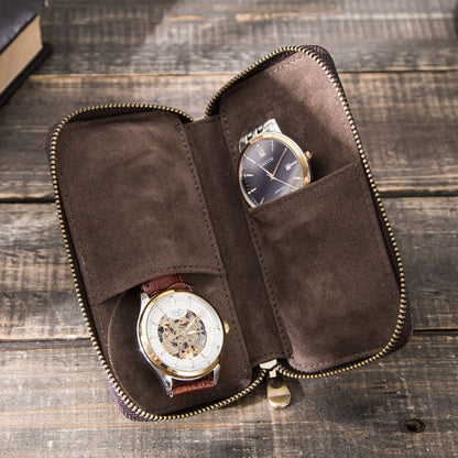 Contacts Family  CF1114 Leather Watch Box Retro Crazy Horse Leather Zipper Couple Watch Bag(Coffee) - Watch Storages by Contacts Family | Online Shopping UK | buy2fix