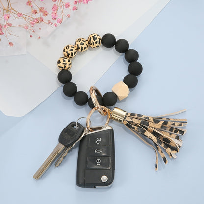 2 PCS Wooden Bead Frosted Bracelet Key Chain Pendant( Black and White Leopard Pattern) - In Car by null | Online Shopping UK | buy2fix