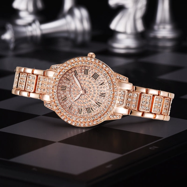 Full Diamond Roman Literal Steel Strap Quartz Watch, Color: Rose Gold - Alloy Watches by buy2fix | Online Shopping UK | buy2fix