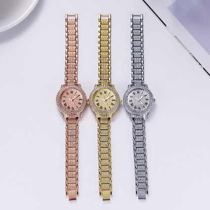 Full Diamond Roman Literal Steel Strap Quartz Watch, Color: Rose Gold - Alloy Watches by buy2fix | Online Shopping UK | buy2fix