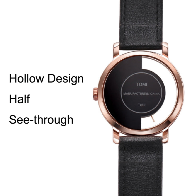 TOMI T080 Hollow Design Half See-through Unisex Quartz Watch(Black Face Black Shell Black Strap) - Leather Strap Watches by buy2fix | Online Shopping UK | buy2fix