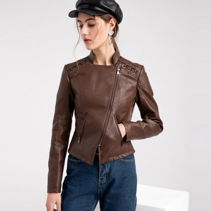 Women Short Leather Jacket Slim Jacket Motorcycle Suit, Size: M(Coffee) - Jacket & Loose Coat by buy2fix | Online Shopping UK | buy2fix