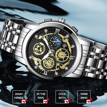 BINBOND 4010 Multifunctional Waterproof Hollowed Luminous Quartz Watch(Black Steel Black Surface) - Metal Strap Watches by BINBOND | Online Shopping UK | buy2fix