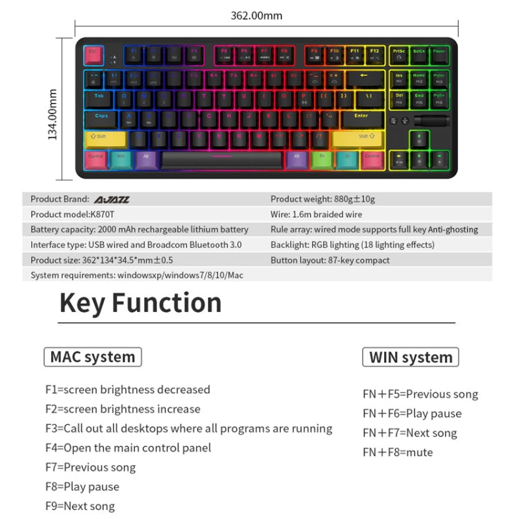 Ajazz K870T 87-Key Hot Swap Bluetooth/Wired Dual Mode RGB Backlight Office Game Mechanical Keyboard Tea Shaft (Black) - Wireless Keyboard by Ajazz | Online Shopping UK | buy2fix