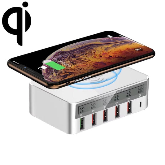 818PF 5 USB Ports + Type-C Smart Digital Display Wireless Phone Charger, Style: EU Plug (White) - Multifunction Charger by buy2fix | Online Shopping UK | buy2fix