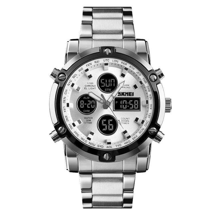 SKMEI 1389 Multifunctional Men Business Digital Watch 30m Waterproof Large Dial Wrist Watch with Stainless Steel Watchband (Silver) - Outdoor & Sports by SKMEI | Online Shopping UK | buy2fix